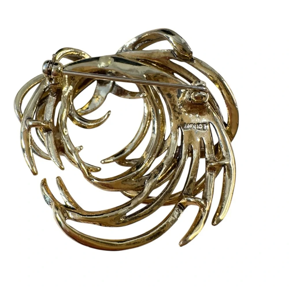 Vintage Monet Gold Tone Etched Swirl Rhinestone Brooch Signed BEAUTY